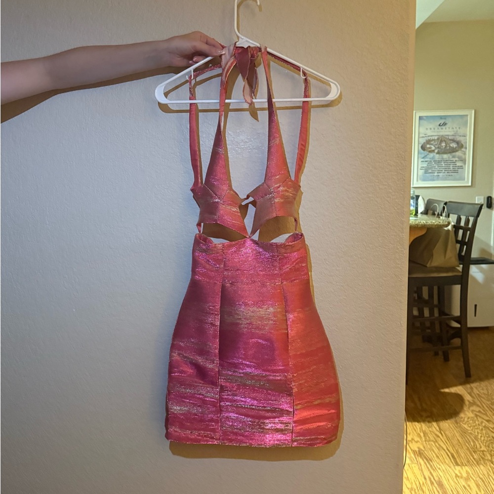 Christian Cowan Pink Metallic Cutout Halter Mini Dress - Picture 5 of 6